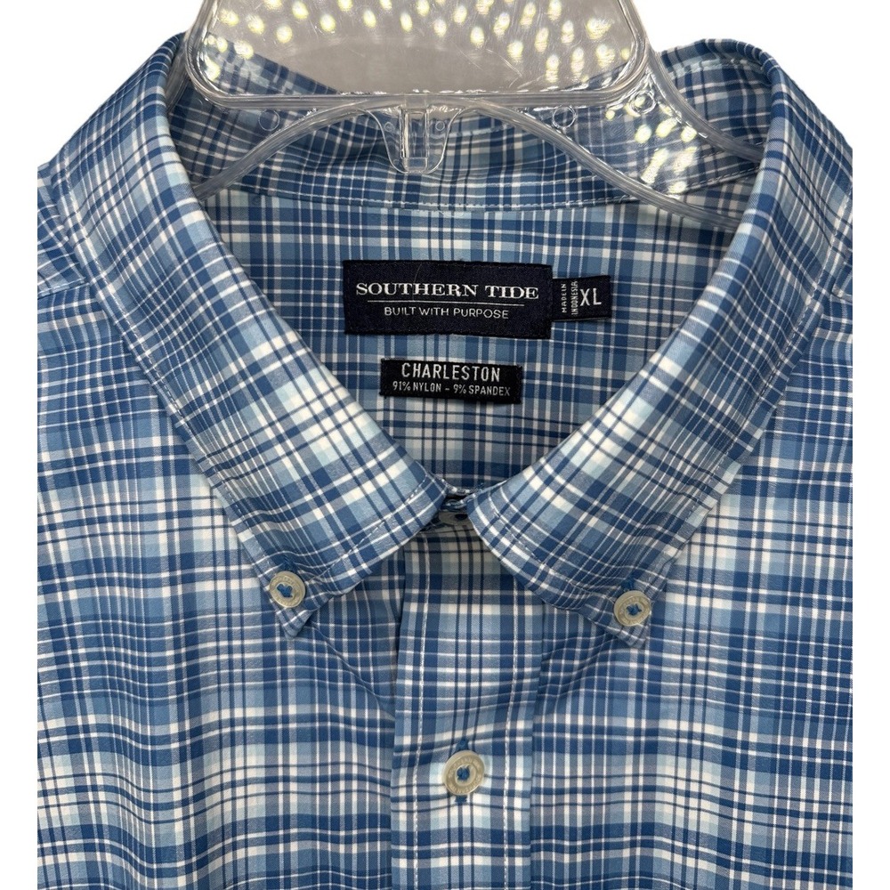 Southern Tide Charleston Men's XL Blue Plaid Button Down Long Sleeve Nylon Shirt